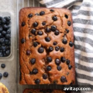 Blueberry Banana Burst Loaf 2 Blueberry banana bread on a cooling rack.
