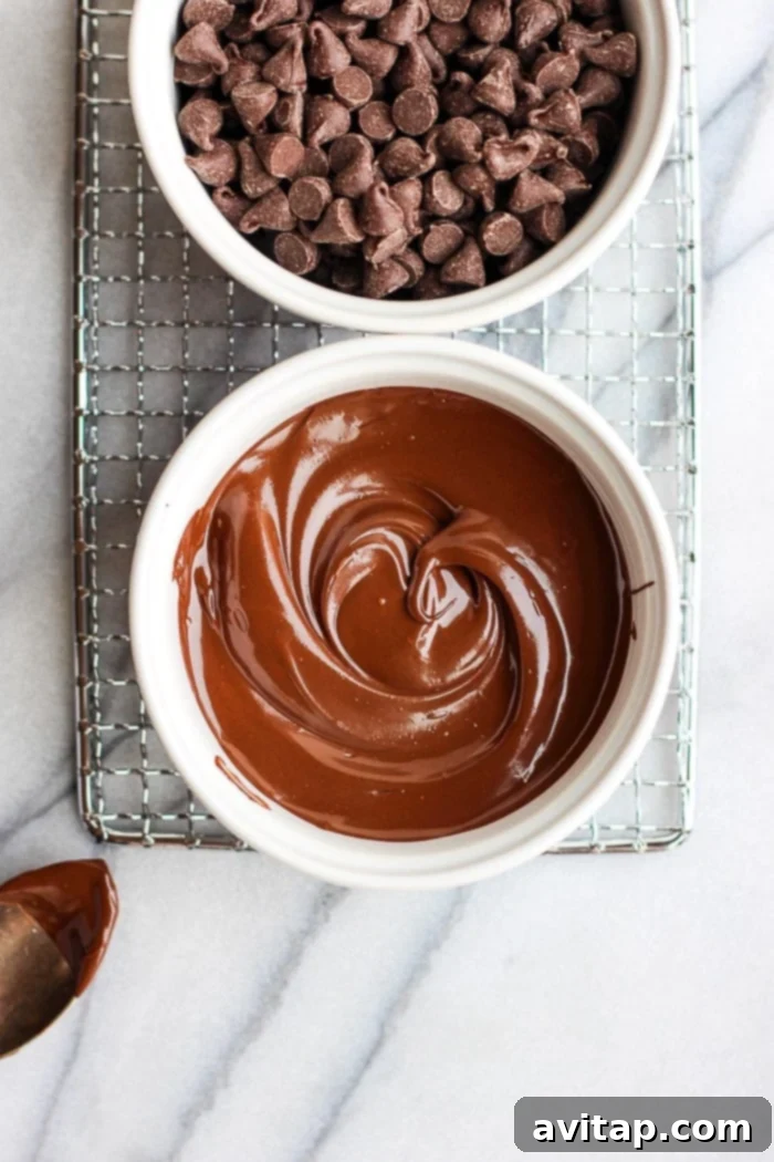 Close-up of melted chocolate, a key ingredient for the cups