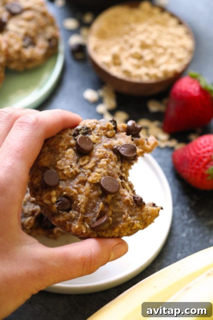 Close-up photo of a healthy vegan peanut butter banana breakfast cookie with a bite taken out, showing its chewy texture and chocolate chips.