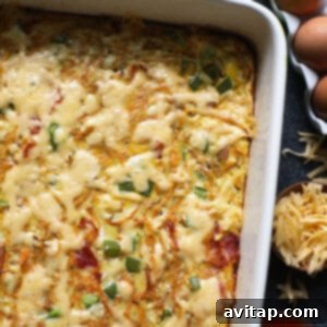 A healthy breakfast casserole with eggs and cheese, fresh out of the oven.