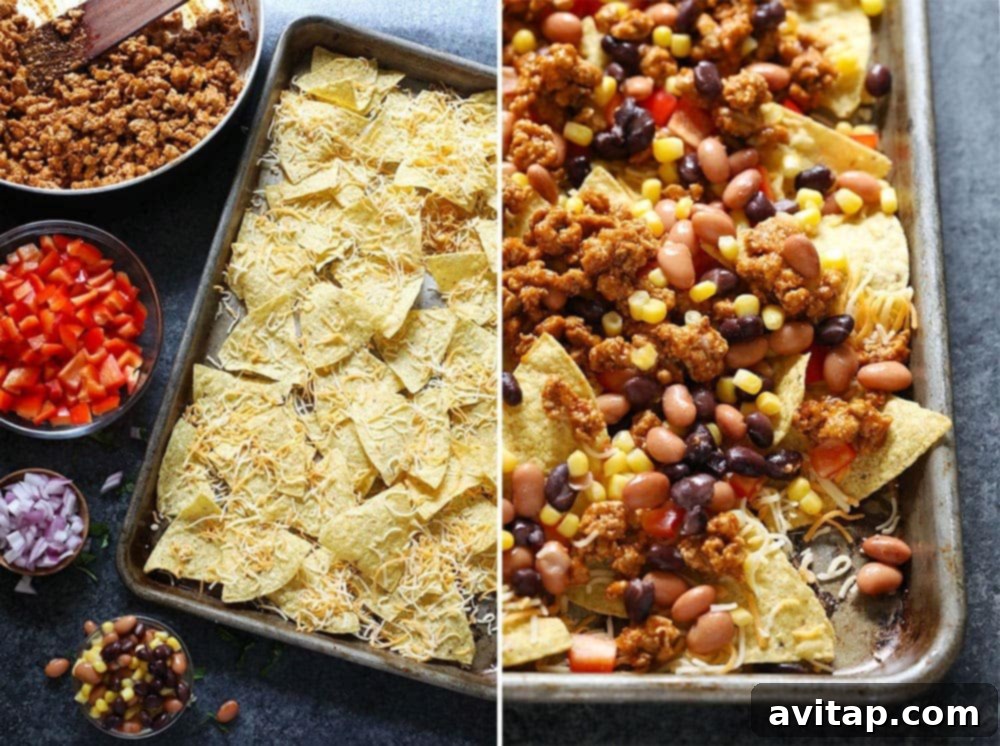 A colorful array of ingredients for chicken nachos laid out in small bowls and on a baking sheet, showcasing freshness.