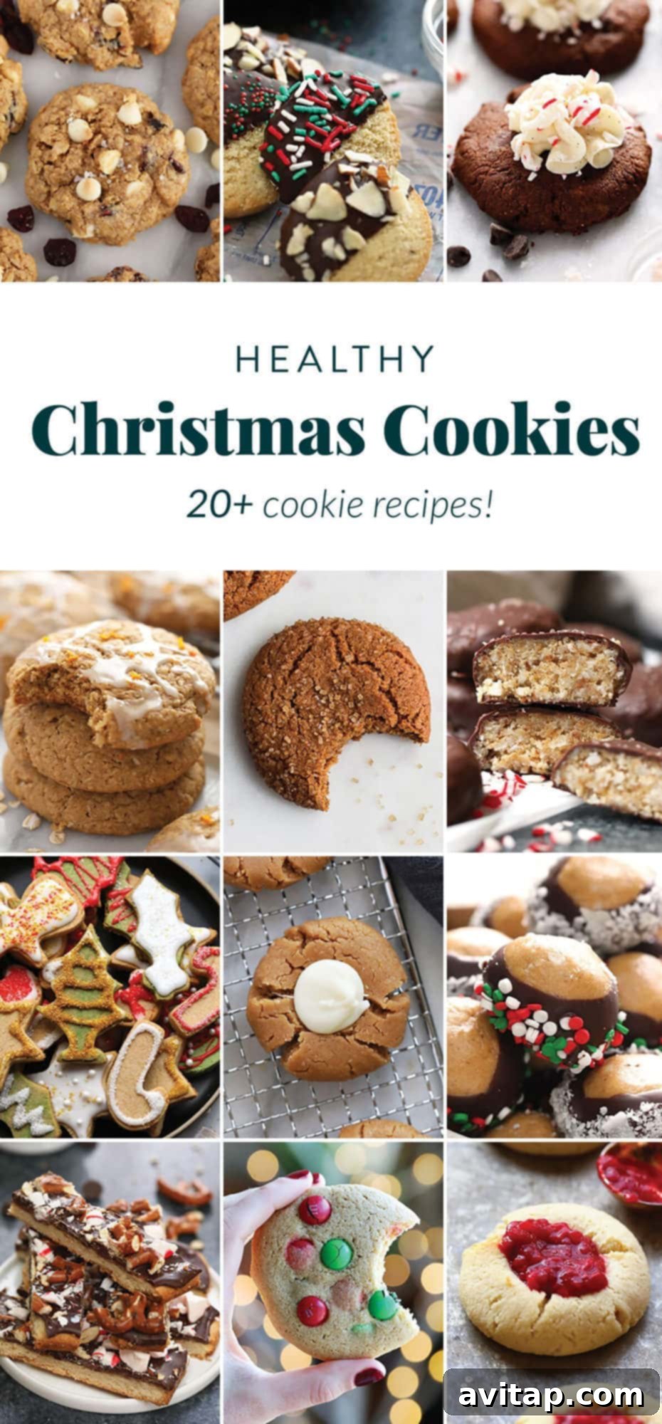 A vibrant assortment of healthy Christmas cookies, including sugar cookies, shortbread, Buckeyes, and ginger cookies, displayed on a festive platter.