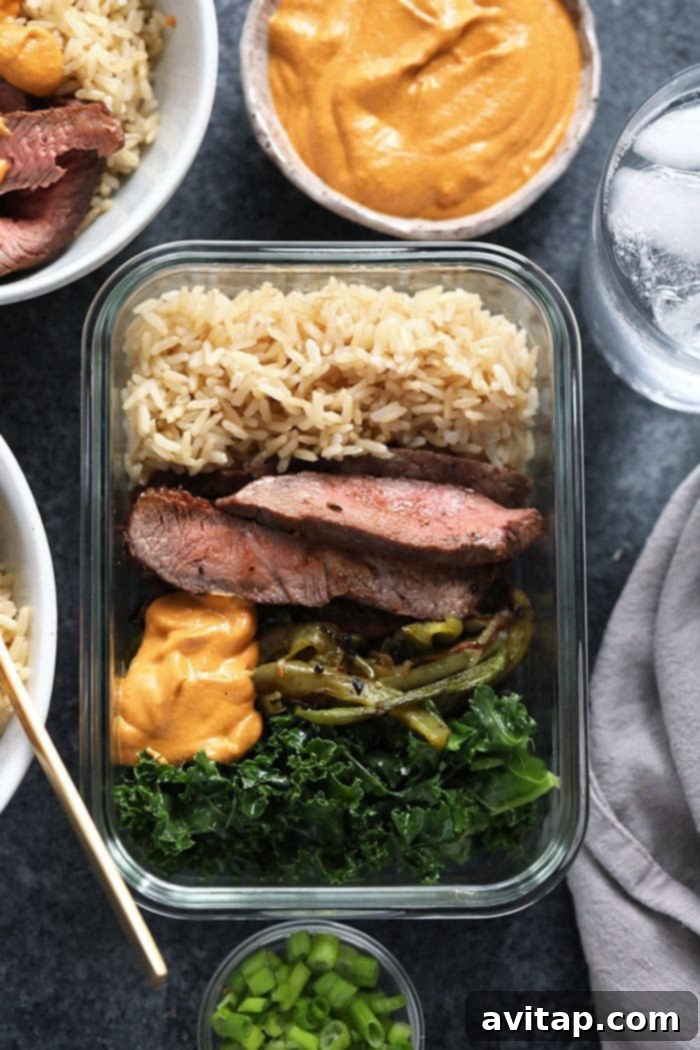 Five Healthy Philly Cheese Steak Meal Prep Bowls neatly arranged, ready for the week.