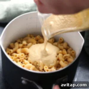 A person pouring a vegan sauce over cooked pasta in a pan, stirring to combine.
