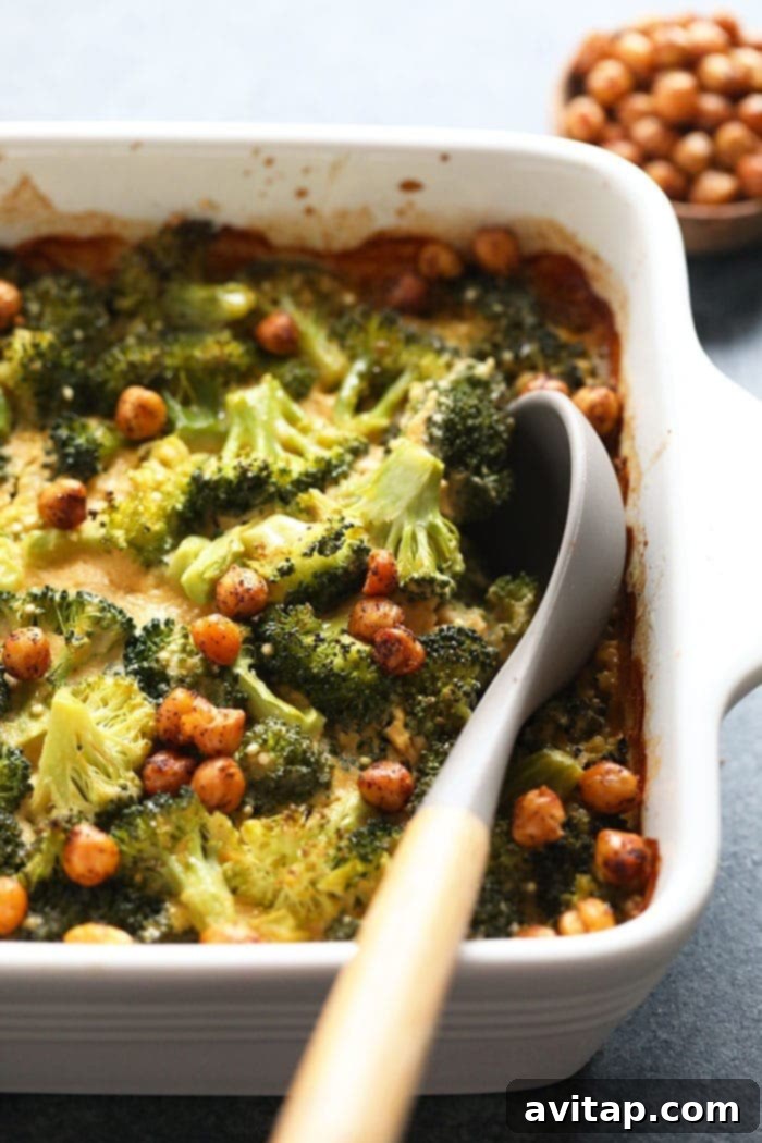 Delicious Vegan Broccoli and Cheese Casserole Healthy Vegan Broccoli and Cheese Casserole with creamy sauce and crispy chickpeas