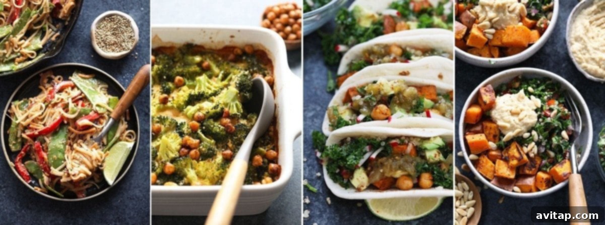 Graphic showing 5 key ingredients (sweet potato, onion, garlic, garbanzo beans, quinoa) leading to 4 different vegan meal prep recipes