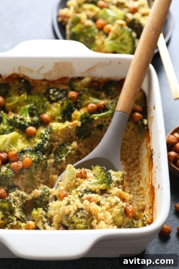 Vegan Broccoli and Cheese Casserole in Baking Dish Healthy Vegan Broccoli and Cheese Casserole baked golden in a ceramic dish