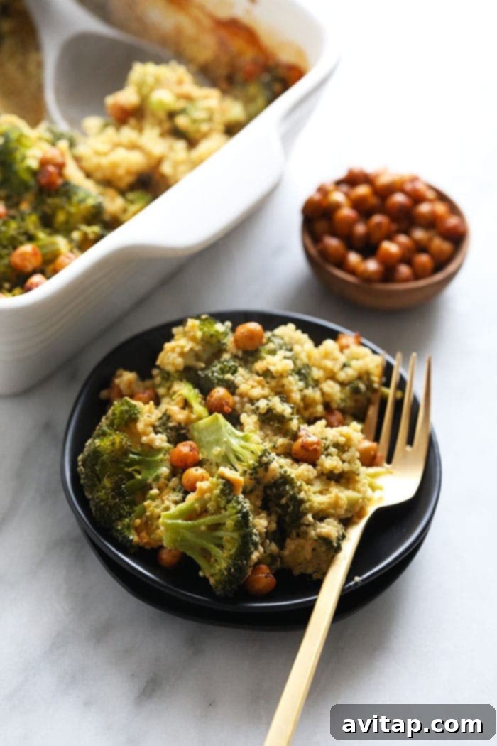 Vegan Broccoli and Cheese Casserole on a Plate Single serving of vegan broccoli and cheese casserole on a plate with crispy chickpeas
