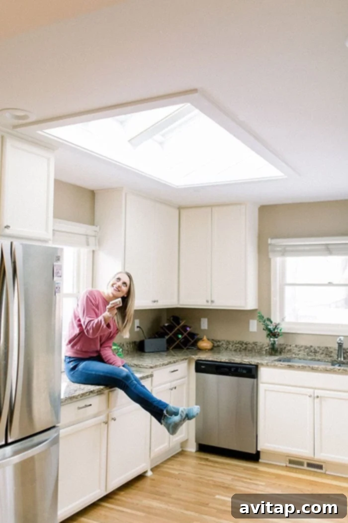 Bright kitchen interior with VELUX skylights bringing in abundant natural light