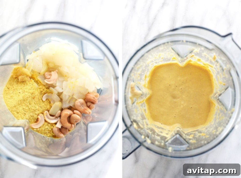 Cashew cream sauce blending smoothly in a food processor for a vegan pasta bake.