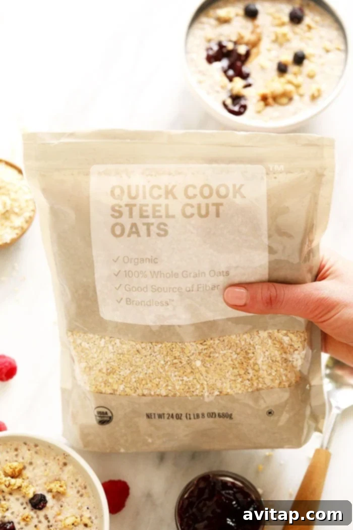 A bag of quick cooking steel cut oats, showcasing the ideal ingredient for this overnight recipe.