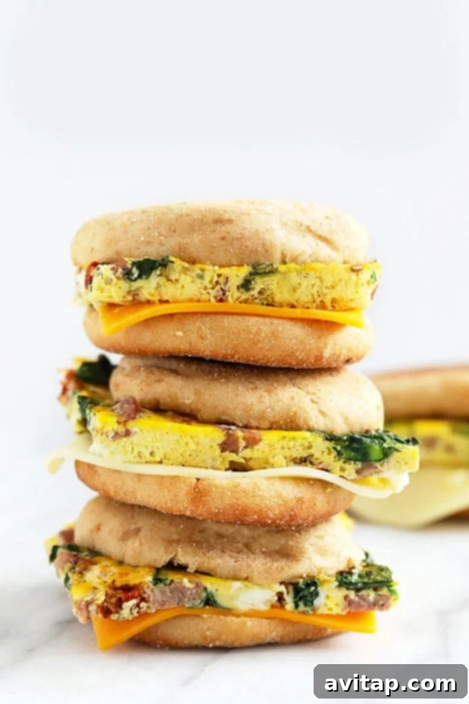 Stacked freezer breakfast sandwiches with homemade egg patties on English muffins.