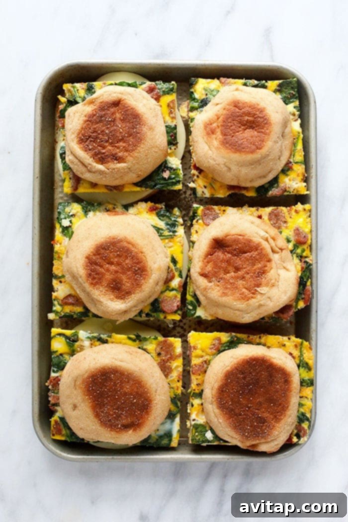 Freezer breakfast sandwiches wrapped and ready for freezing on a sheet pan.