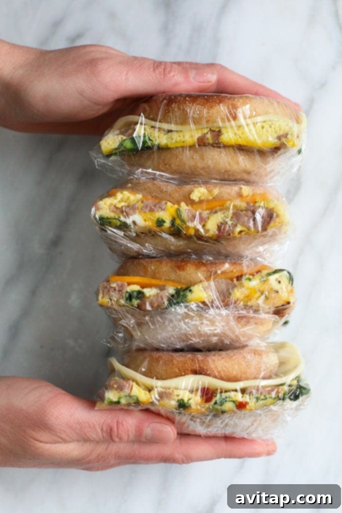 Freezer breakfast sandwiches wrapped tightly in plastic wrap for storage.