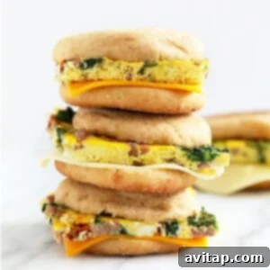 Photo of stacked breakfast sandwiches on a plate