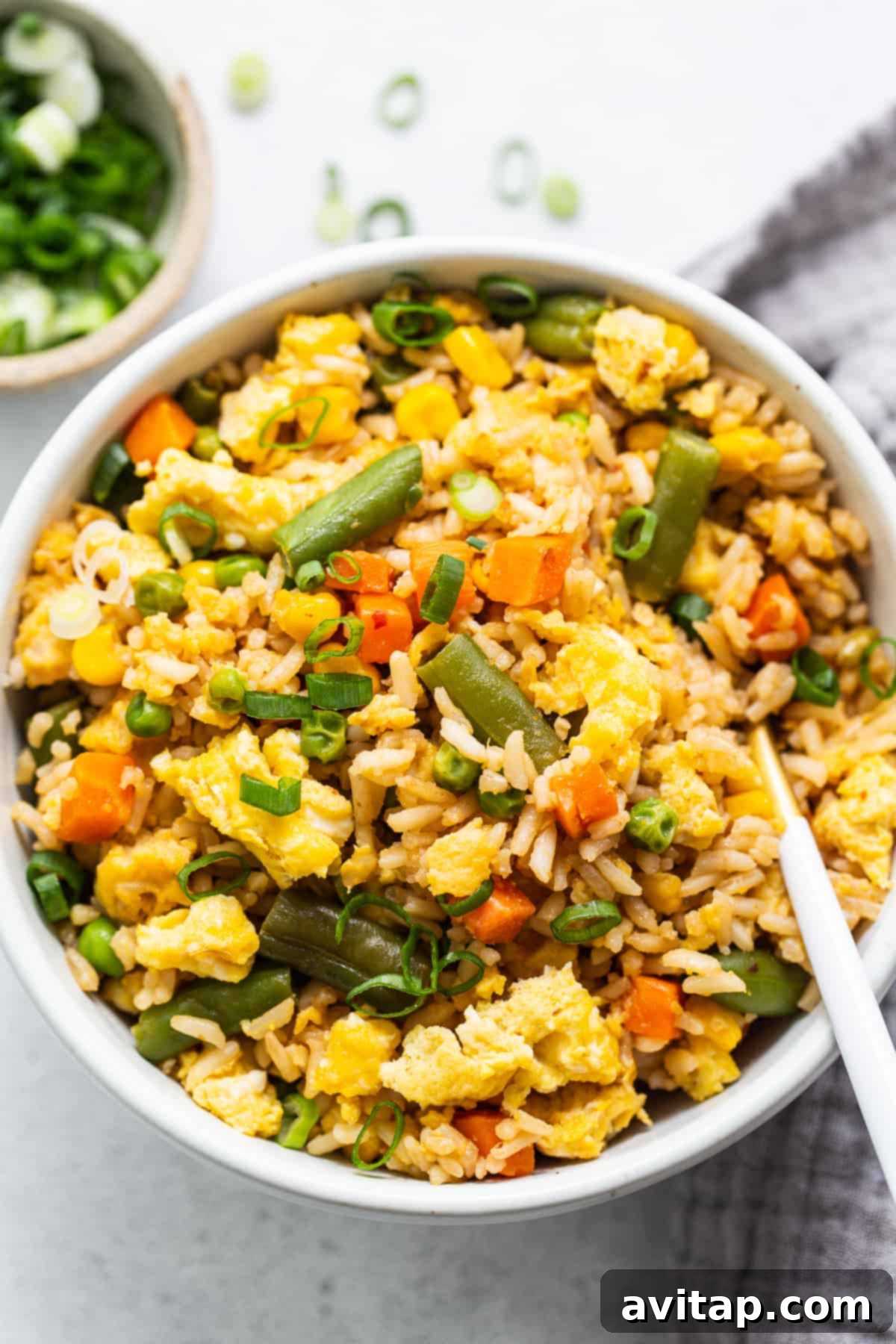 A vibrant bowl of Instant Pot fried rice, freshly prepared and garnished with green onions.