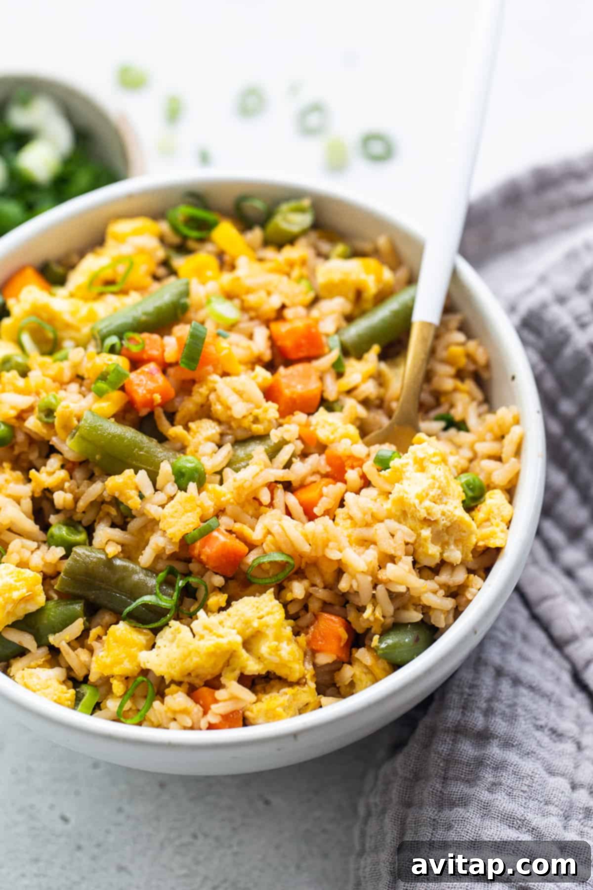 A close-up of a serving of Instant Pot fried rice in a bowl, garnished.