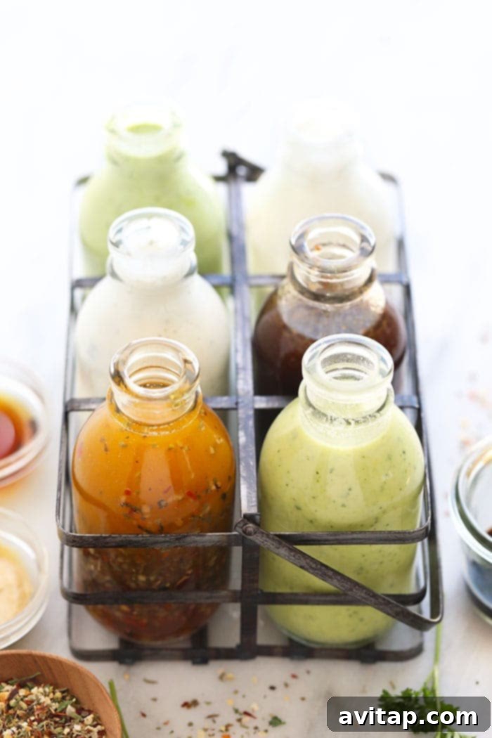 A collection of six different homemade salad dressing recipes neatly stored in glass containers, illustrating variety and ease of storage.