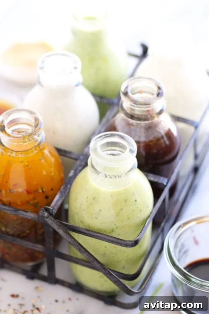 Several glass containers filled with various homemade salad dressing recipes, organized for easy access.