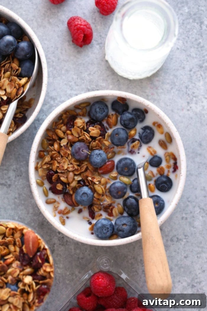 Healthy Granola Bowl with Berries A healthy bowl of homemade granola with fresh blueberries and milk, ready to be enjoyed.
