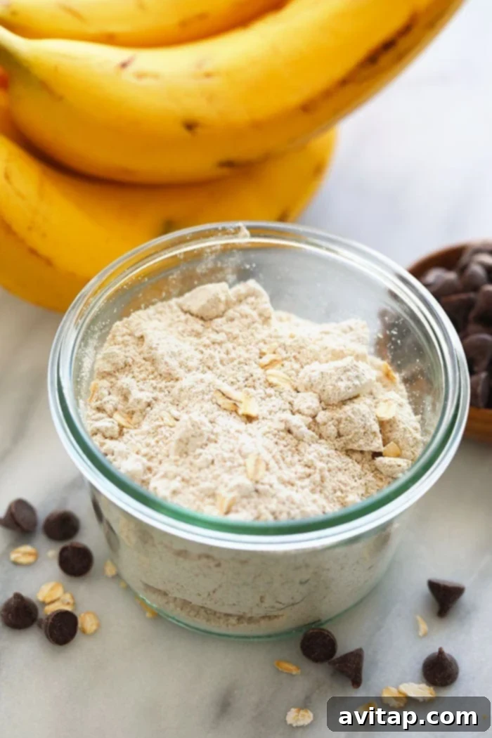 Wholesome Banana Oat Bites 2 Ingredients for banana oatmeal cookies laid out
