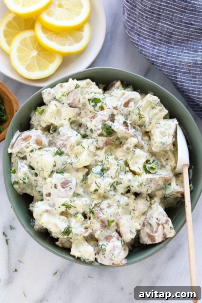 A vibrant and fresh bowl of vegan potato salad, showcasing its creamy texture and herb garnishes.