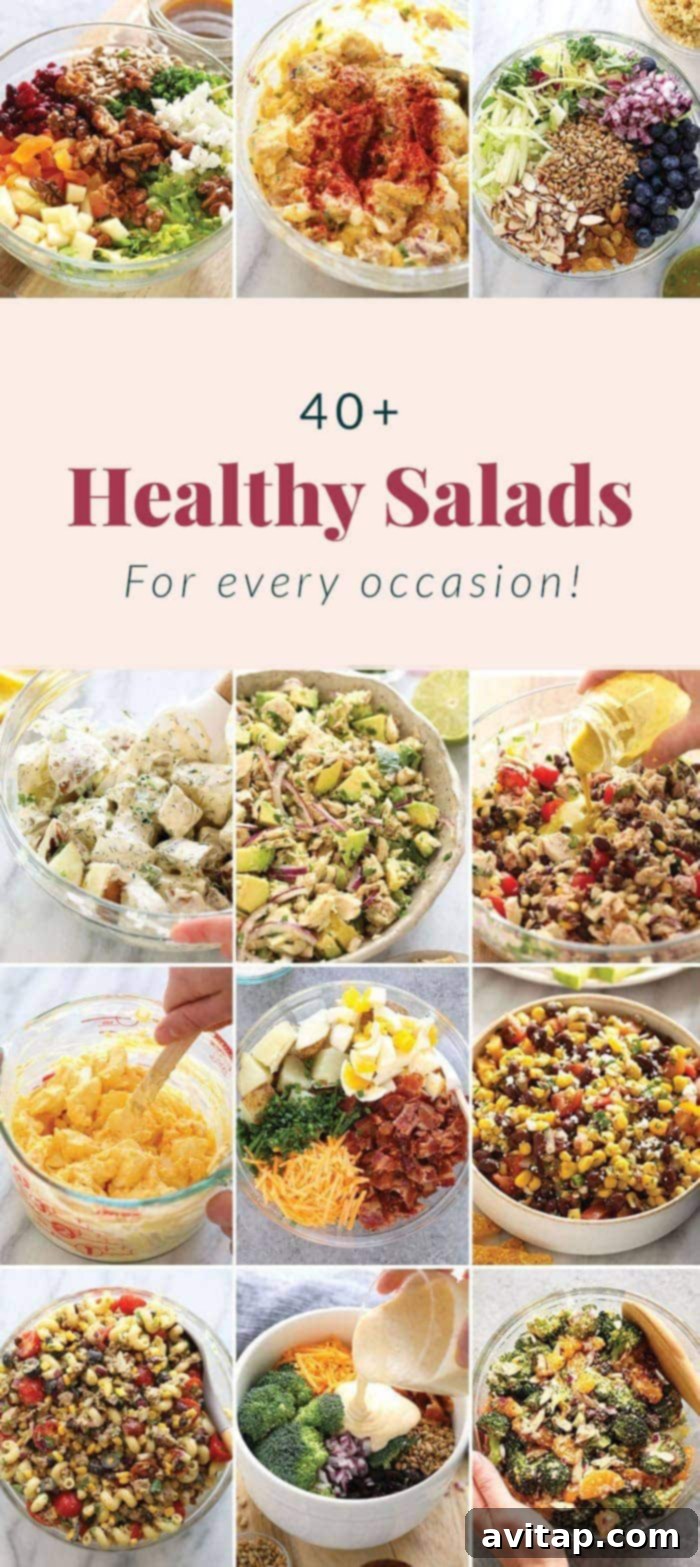 Discover endless healthy salad recipes for any meal, packed with fresh vegetables and delicious dressings. A vibrant selection of healthy salads, showcasing fresh ingredients and colorful preparations, perfect for lunch or dinner.