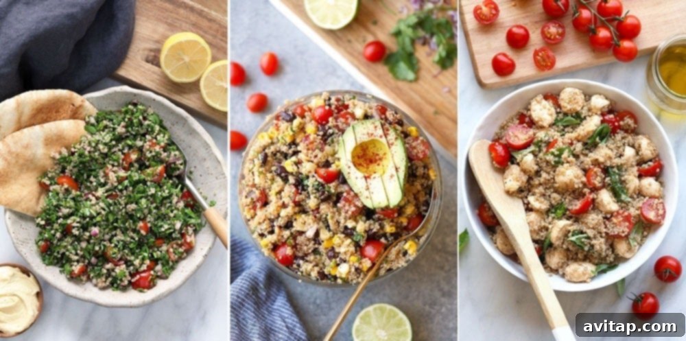 Discover healthy quinoa salad recipes, rich in protein and vegetables. A collage of flavorful quinoa salad recipes: a fresh tabouli, a zesty Mexican, and a classic Caprese quinoa salad.