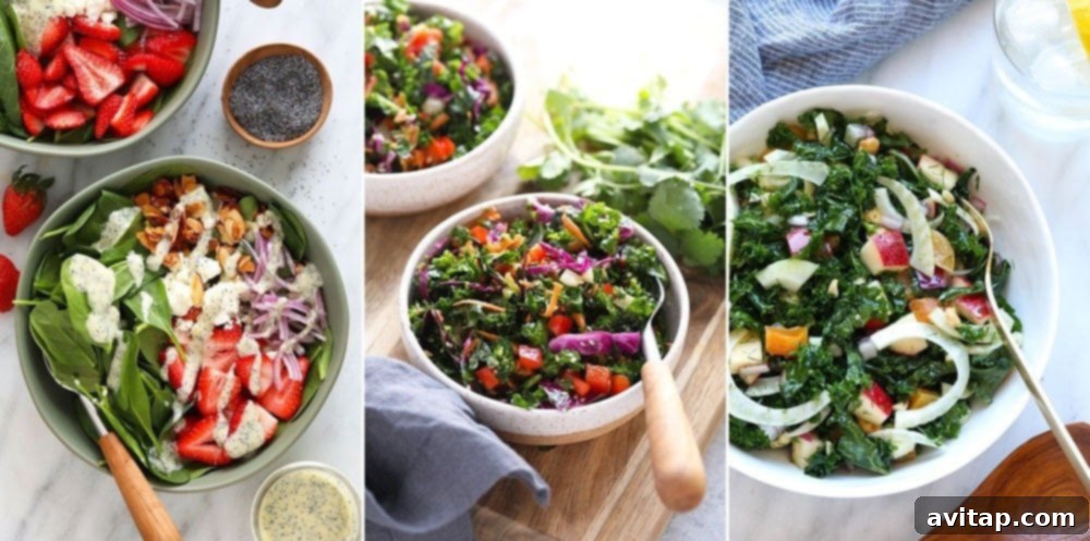 Discover light and delicious green salad recipes to brighten your week. A collage of refreshing green salads: a vibrant strawberry spinach salad, a flavorful Asian salad, and a gourmet massaged kale fennel salad.