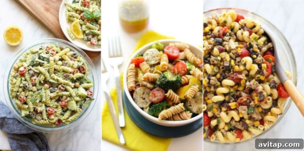 Find the perfect pasta salad recipes for gatherings and family meals. A visually appealing collection of pasta salads: a vibrant pesto pasta, a hearty sausage pasta, and a zesty taco pasta.