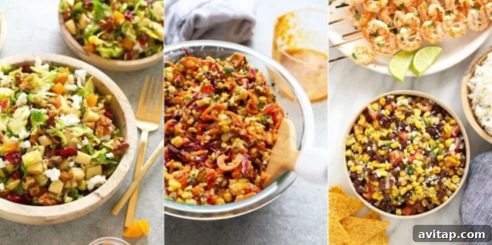 Explore delicious veggie-based salads – a great way to enjoy your vegetables! A visual feast of veggie-based salads: a vibrant Brussels sprout salad, a spicy Thai corn salad, and a refreshing black bean and corn salad.