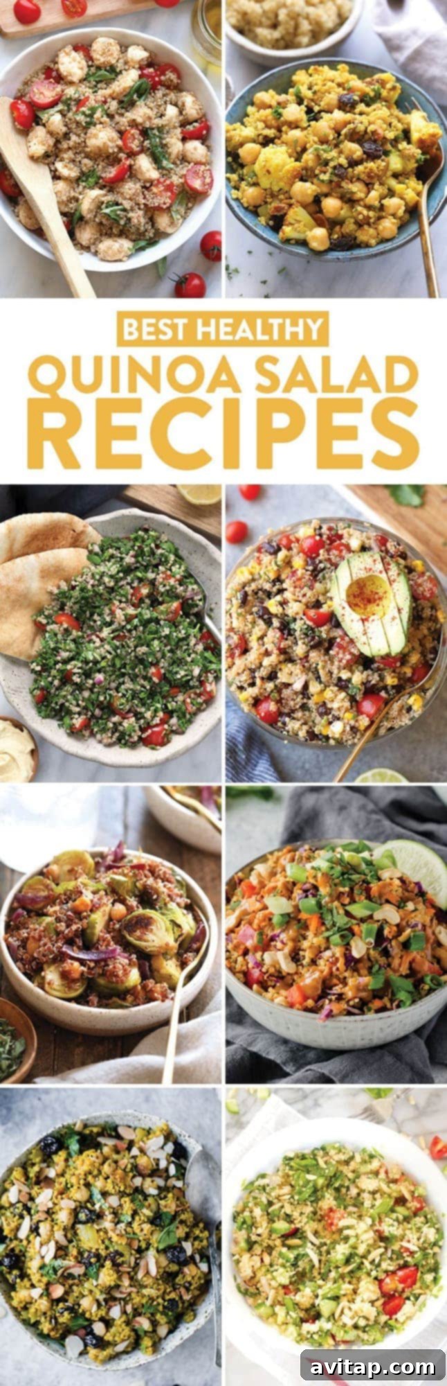 A vibrant collage of various healthy quinoa salad recipes, including a quinoa black bean salad, a roasted cauliflower quinoa salad, and a fresh caprese quinoa salad, perfect for meal prep.