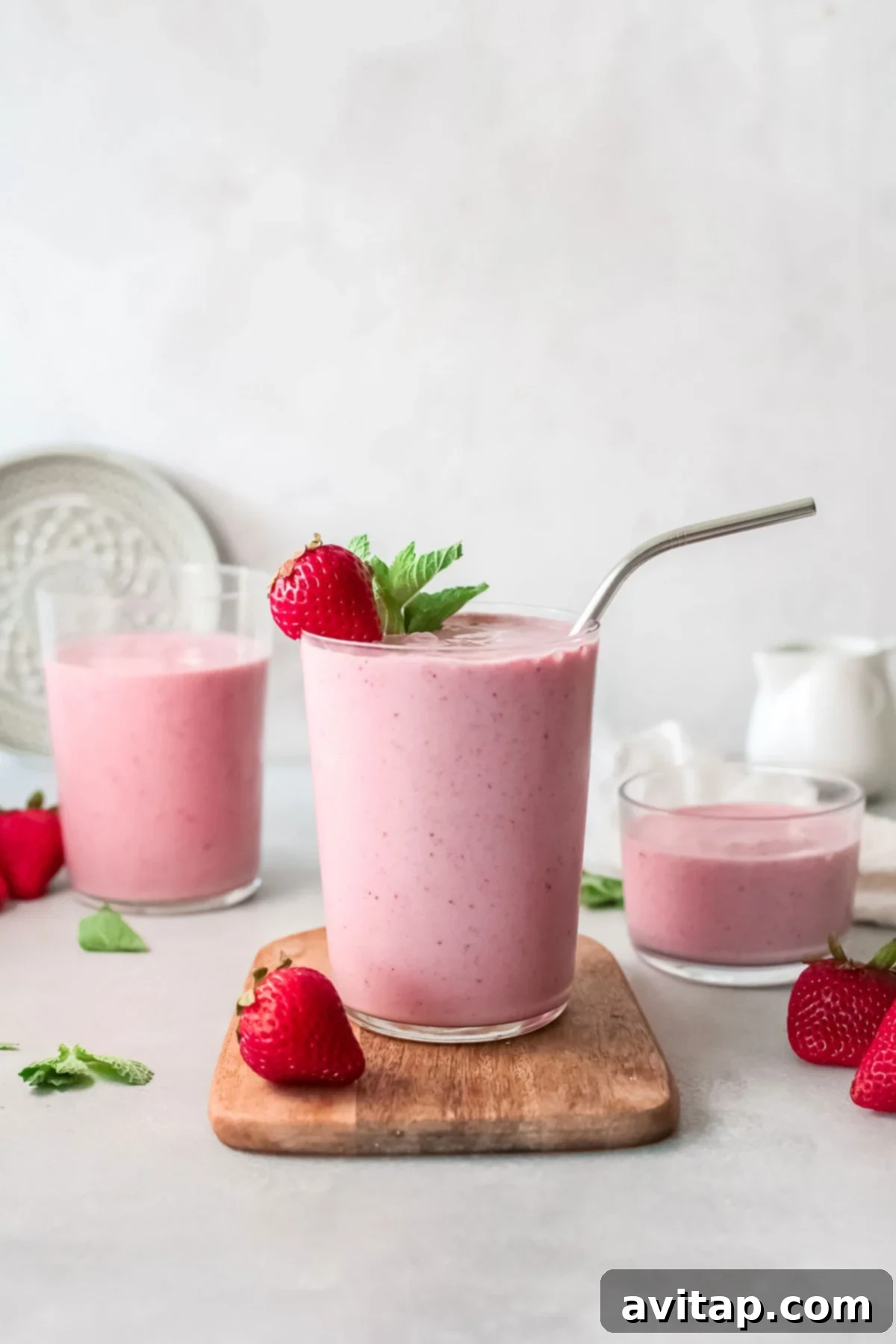 A glass of vibrant strawberry banana smoothie garnished with fresh strawberry slices and a banana chip, sitting on a wooden cutting board with scattered fruit.