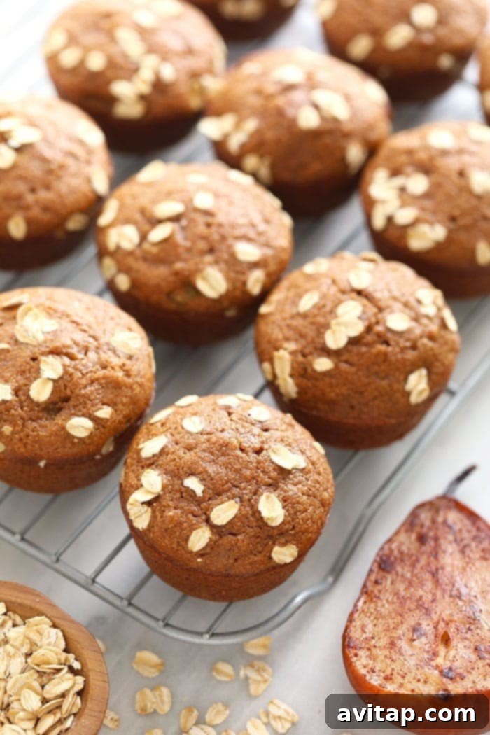 Naturally sweetened with pear puree and maple syrup, these healthy cinnamon pear muffins are the perfect snack or fiber-packed breakfast. They're made with 4 whole large Bosc pears, 100% white whole wheat flour, and ground cinnamon. Naturally sweetened, healthy cinnamon pear muffins made with Bosc pears, white whole wheat flour, and maple syrup.