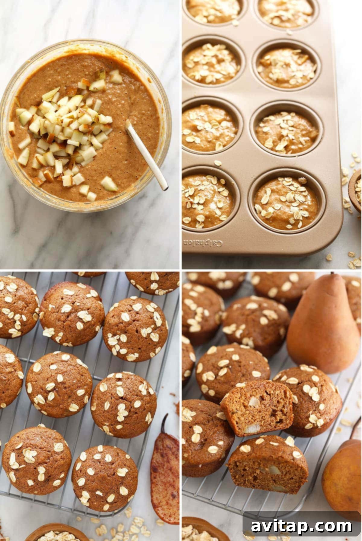 Warm Cinnamon Pear Muffins 2 Plump and healthy cinnamon pear muffins, perfect for a nutritious snack or breakfast.