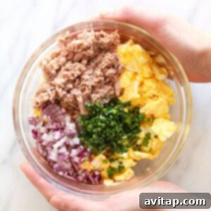 Tuna Egg Salad for a satisfying and protein-packed lunch! tuna egg salad ingredients in a bowl
