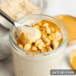 A small image of Peanut Butter Overnight Oats in a jar, ready to be served.
