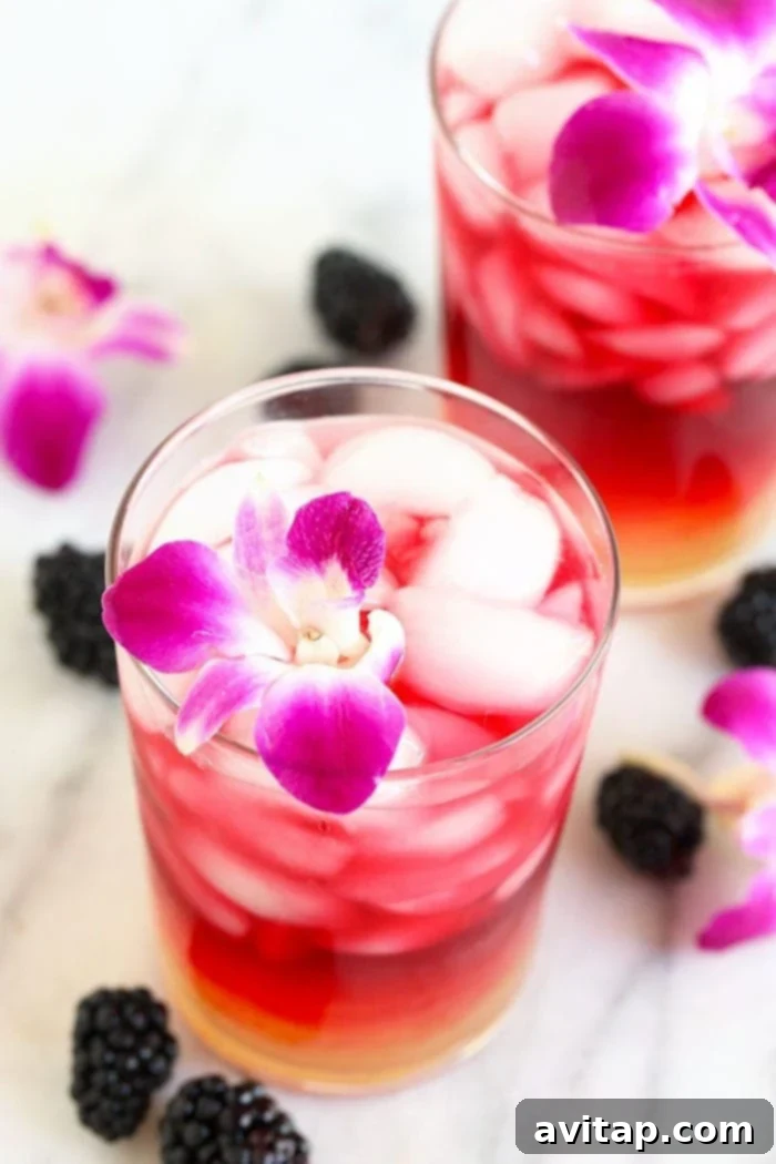 A beautifully composed image of a Hibiscus Arnold Palmer drink, artfully presented in a clear glass. The drink's deep pink color is enhanced by fresh blackberries and a delicate edible flower floating on top, making for an inviting and elegant beverage.
