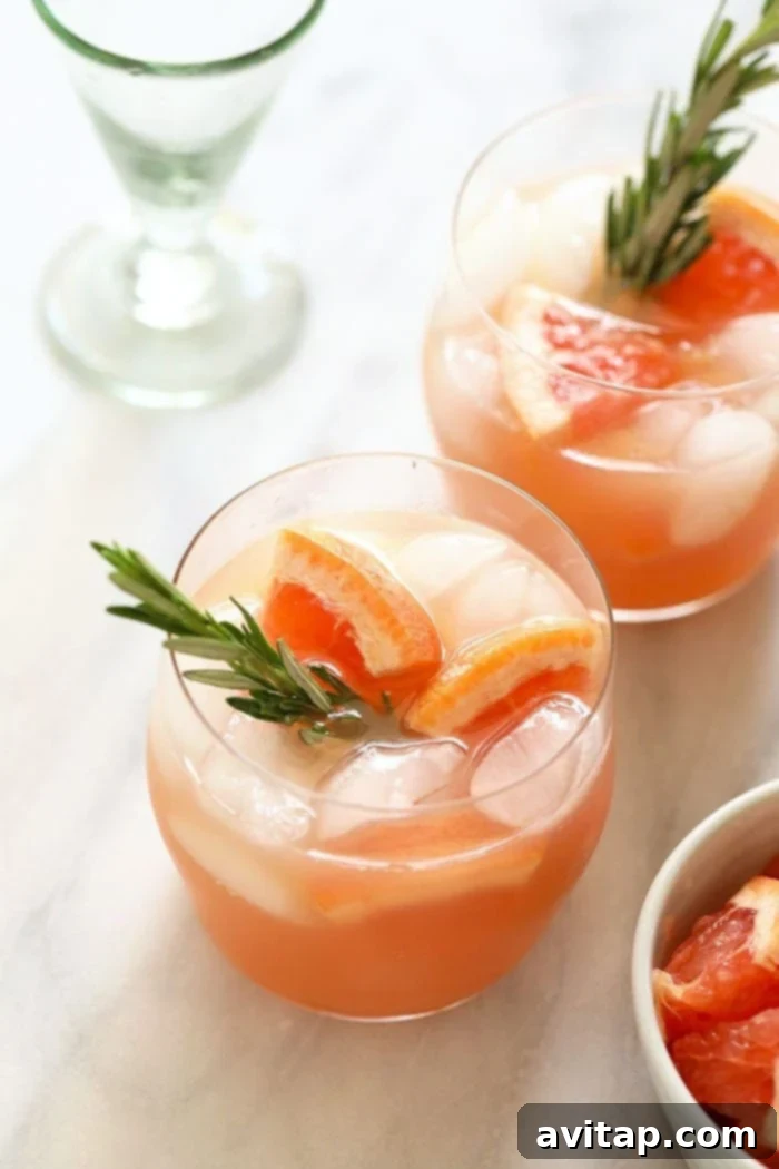 Two greyhound cocktails in a glass with a sprig of rosemary and grapefruit slices