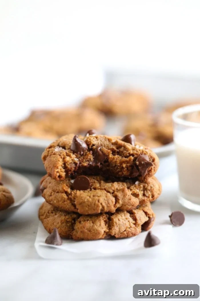 Delicious Healthy Chocolate Chip Cookies: Grain-Free & Paleo-Friendly A stack of golden brown healthy chocolate chip cookies with melted chocolate chips visible, garnished with a sprinkle of sea salt. Perfect for those seeking grain-free and paleo-friendly dessert options.