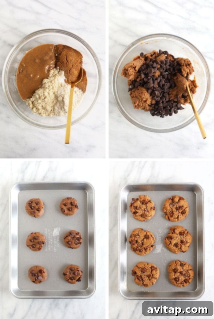 How to Make Healthy Chocolate Chip Cookies Step-by-step visuals showing the process of making healthy chocolate chip cookies, from mixing ingredients to forming dough balls on a baking sheet, ideal for beginner bakers.