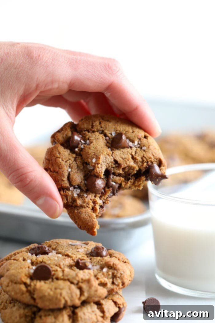 Gooey Healthy Chocolate Chip Cookies A warm, healthy chocolate chip cookie broken in half, revealing its soft, chewy center and molten chocolate chips, inviting you to take a bite.