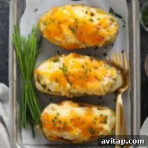 Foil-Wrapped Baked Potatoes 6 Two golden brown twice baked potatoes, garnished with chives, a perfect way to use leftovers.