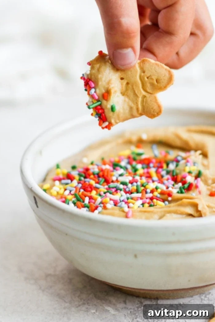 Close-up of an animal cracker dipped in funfetti cake batter dip