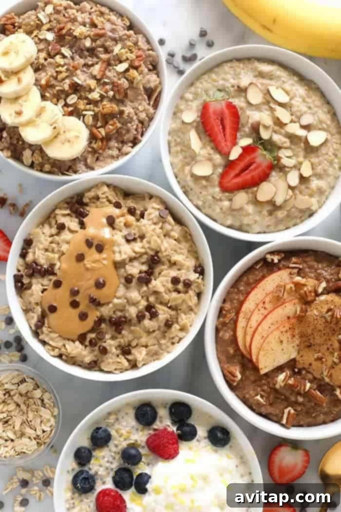 Five bowls of oatmeal with different toppings, showcasing the versatility of oatmeal.