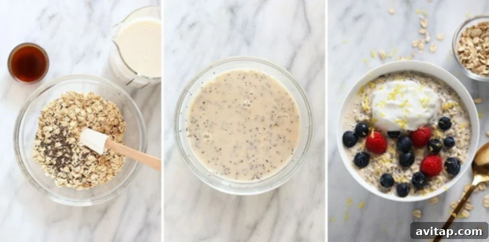 A jar of overnight oats with fruit and chia seeds, ready to eat.