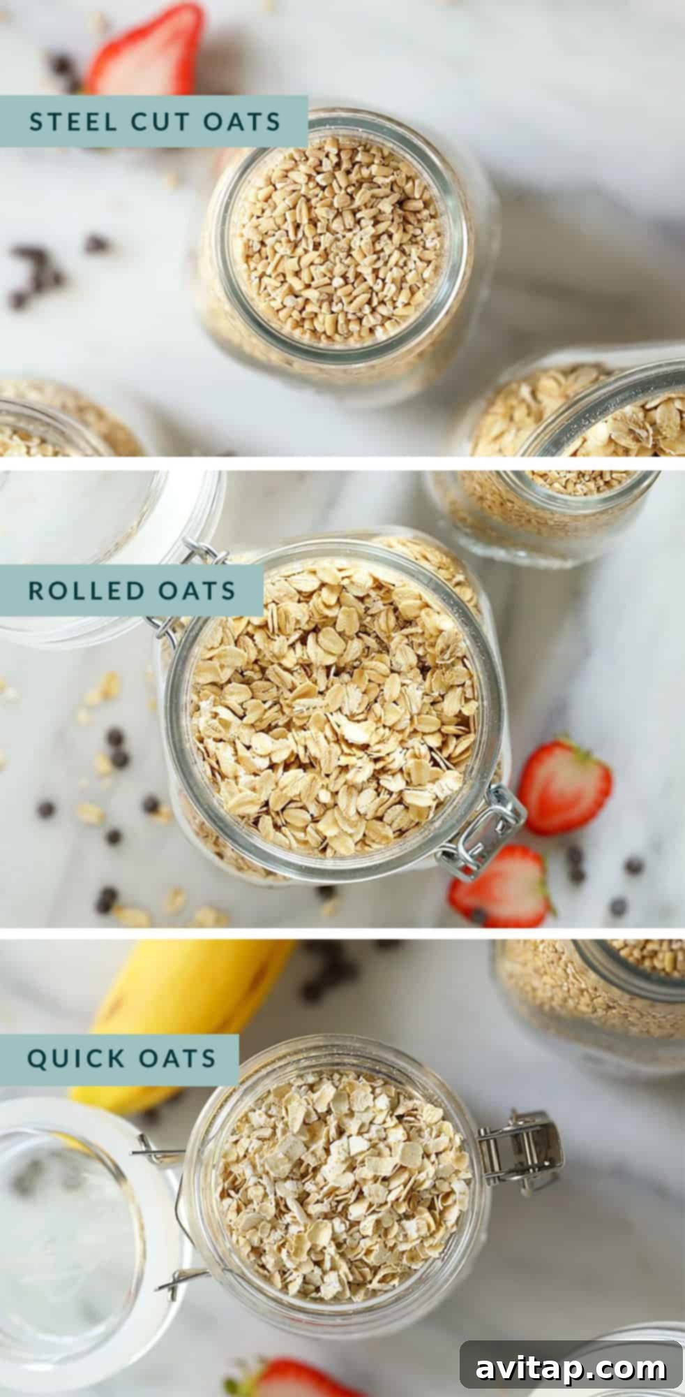 Different types of oatmeal in jars, including steel-cut, rolled, and quick-cooking oats.