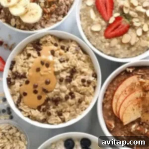 Five bowls of oatmeal with different toppings