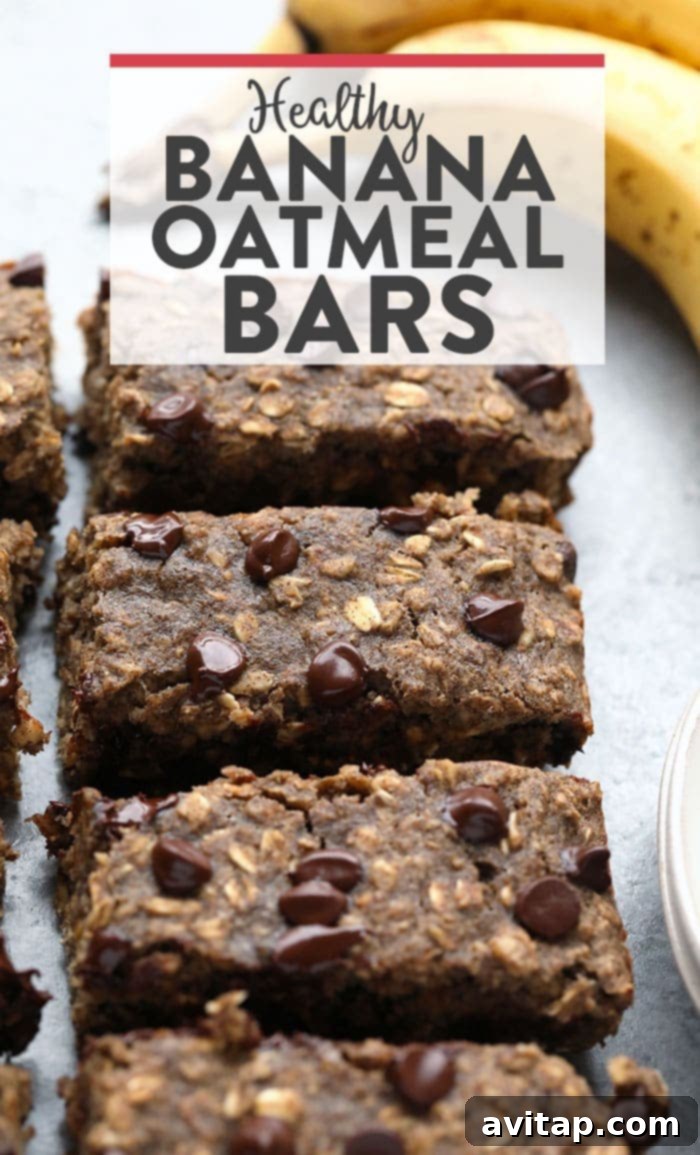 Healthy Banana Oatmeal Bars with Chocolate Chips Delicious and healthy banana oatmeal bars studded with chocolate chips, ready to be enjoyed as a wholesome breakfast or snack.
