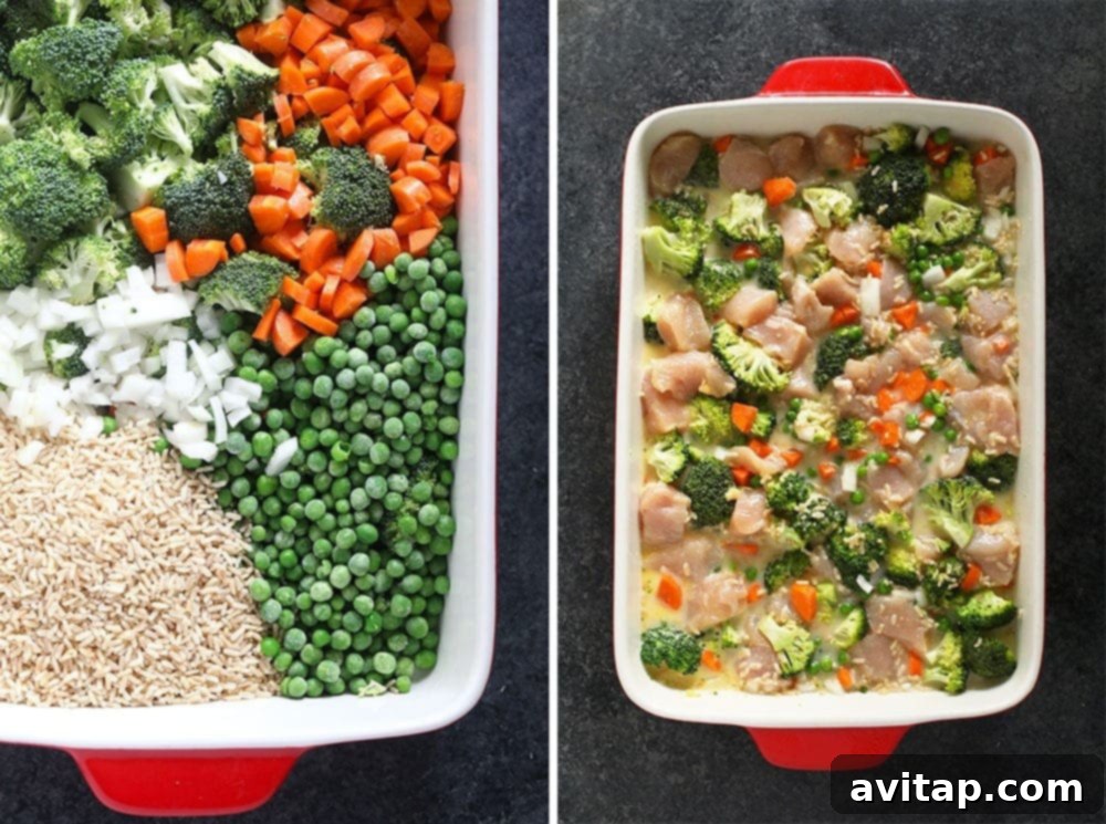 Chicken and Rice Casserole is the epitome of a casserole. It's got all 4 parts: veggies, rice, chicken breasts, and a cheesy sauce to bind everything together. It doesn't really get much better or easier to make. prepping chicken casserole in pan, highlighting the ease of assembly for a great chicken casserole recipe, perfect for family gatherings.